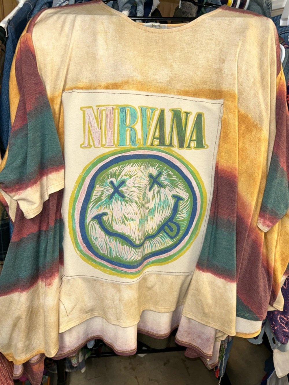 Upcycled NIRVANA Tie-Dye Smiley Graphic Tee - Yellow, Green, Pink, Blue